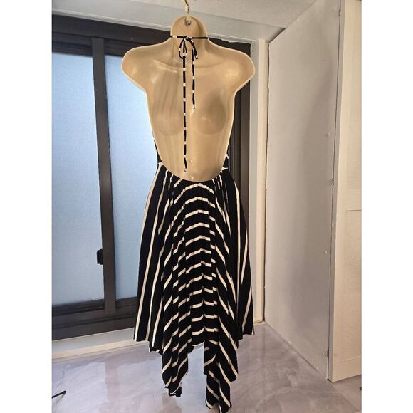 Olivaceous Womens Size Medium Black/White Striped Asymmetrical Halter Dress - Picture 3 of 6